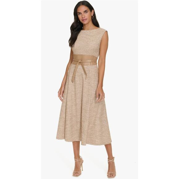 Calvin Klein Womens Sleeveless Tie Front Tweed Midi Dress Womens Size 4 Tan - Picture 1 of 9